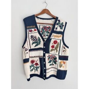 Knitted by Hand Vintage Floral Patchwork Embroidered Sweater Vest Navy Cream L